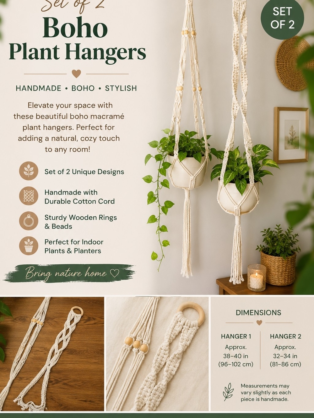 Boho Plant Hangers Set of 2 – Handmade Cream Macramé by